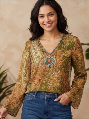 Silk Threads Multicolored Peasant Top Sz L